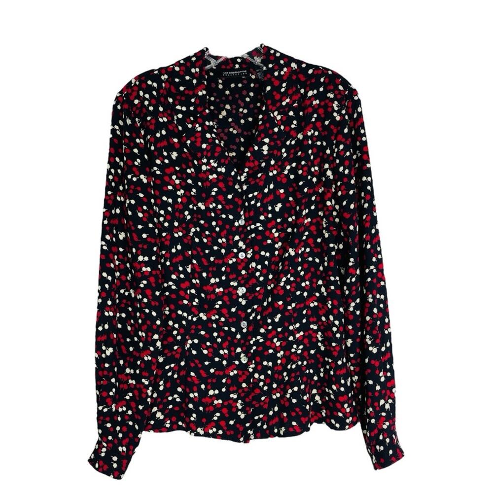 Liz Claiborne black red white floral button front office preppy top 8